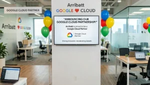 Google Cloud Console Observability dashboard displaying real-time CPU utilization, network traffic, and new VM connections — monitored by Arribatt as an official Google Cloud Partner